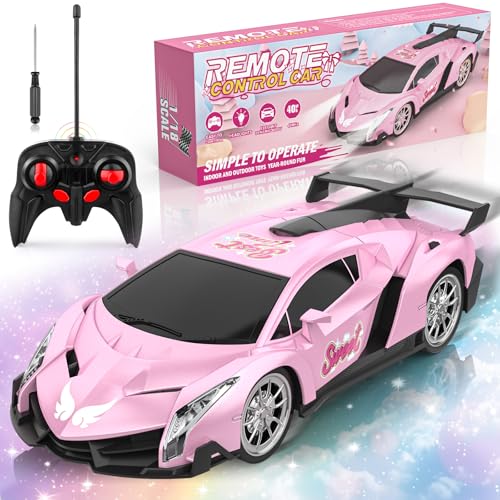 Growsland Remote Control Car for Girls, 1:18 Pink RC Cars Toys for Kids Girl Electric Vehicle Toy Car Hobby Racing Car with Lights & Controller,...