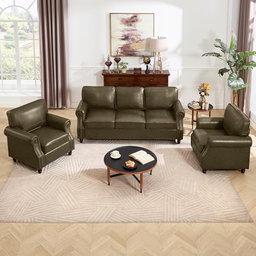 Image of Kingfun 3 Seater Sofa, Mid-Century Modern Faux Leather Couch Set for Living Room, Darkcoffee with Rolled Arms & Nailhead Trim, Easy Assembly, Olive Green