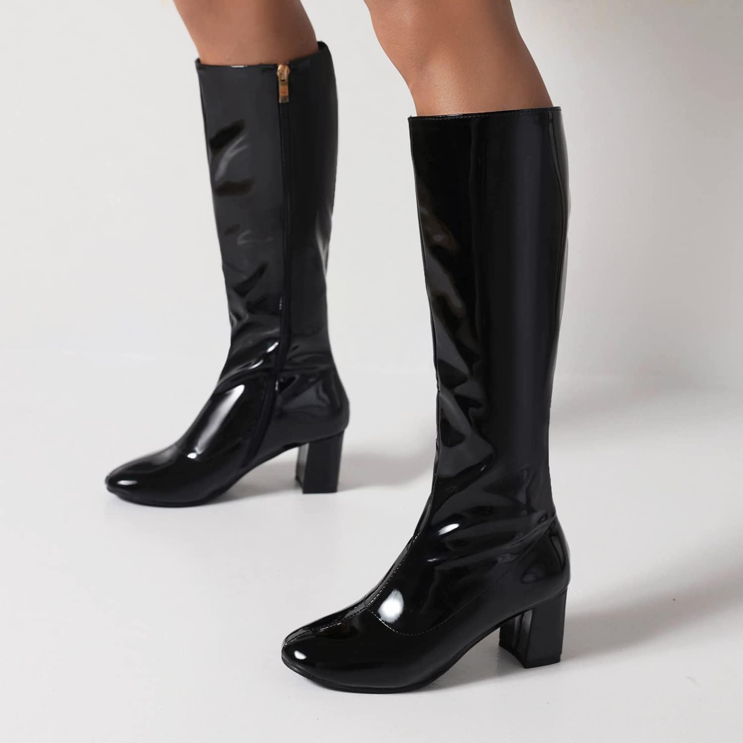 GoGo Boots Patent Round Toe Chunky Knee High Boots for Women Block Heel Side Zipper Dress Dance Shoes