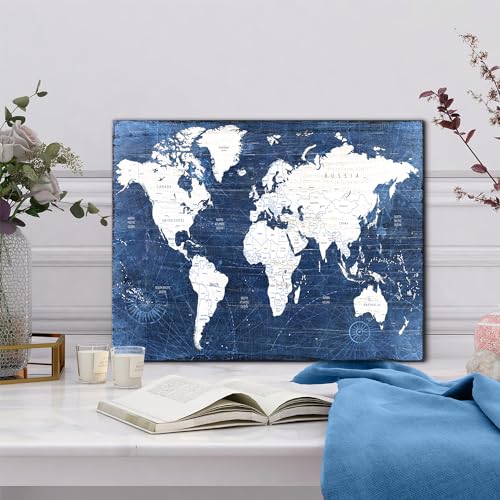 Image of World Map Canvas Wall Art Modern Office Pictures Decorations World Maps for Living Room Wall Decor Retro Map of World Poster Navy Blue Painting Artwork Framed Home Study Bedroom Decoration 12x16 inch