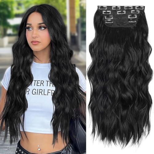 ALXNAN Long Wavy Clip in Hair Extensions, 20" Black