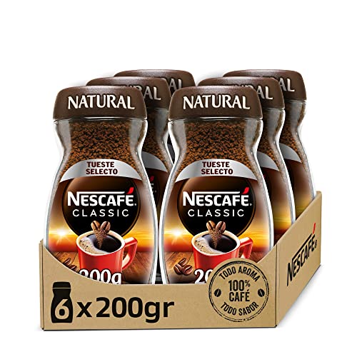 NESCAFÉ CLASSIC NATURAL todo aroma y sabor, café soluble, 100 % café, frasco de vidrio, Pack de 6 x 200 g.