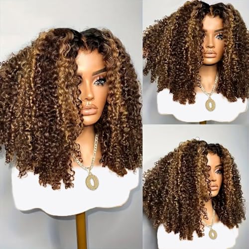 Water Wave Human Hair wig 13x4 Honey Blonde Deep Curly Human Hair wig 220% Density Ombre Deep Wave 4/27 Highlight Lace Front Wigs Wet And Wavy Water Wave Wig for Women 18 Inch