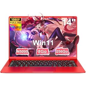 Ordinateur Portable 14 Pouces Celeron N5095 Jusqu’à 2.9 GHz Win11 PC Portable 8Go RAM 256Go SSD Extension1To Laptop avec Souris sans Fil qwerty Clavier avec AZERTY Membrane du Clavie – Rouge Métal-1