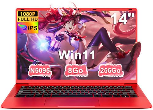 Ordinateur Portable 14 Pouces Celeron N5095 Jusqu’à 2.9 GHz Win11 PC Portable 8Go RAM 256Go SSD Extension1To Laptop avec Souris sans Fil qwerty Clavier avec AZERTY Membrane du Clavie - Rouge Métal-1