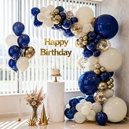 Image of Blocesa Navy Blue Gold White Sand Balloons Arch Kit, Latex, Party Decor. | Navy /Dark Blue /White Sand /Chrome Gold /Confetti Balloon Garland. For Wedding, Boy Birthday, Gender Reveal, Back to School.