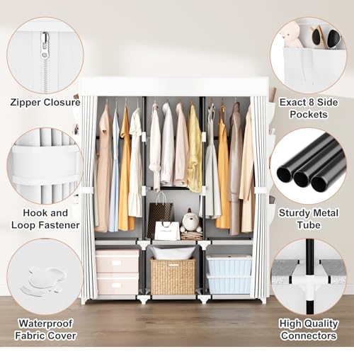 Image of Wardrobe Closet Portable Closets for Hanging Clothes Large Capacity Clothes Rack with Cover, 3 Hanging Rods, 6 Shelves and 8 Pockets, Strong and Stable Free Standing Closet for Bedroom, White