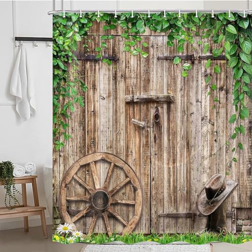 Jipusai Rustic Farmhouse Country Barn Door Shower Curtain for Bathroom,Wood Board Plank Country Vintage Green Leaves Garage Cabin Decor Curtains,Wooden Wheel Boots Bath Curtains with Hooks 70X70IN