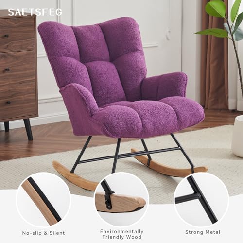 Image of SAETSFEG Rocking Chair Nursery Teddy Upholstered Glider Rocker Rocking Accent Chair Padded Seat with High Backrest Armchair Comfy Side Chair for Living Room Bedroom Offices (Purple Teddy)