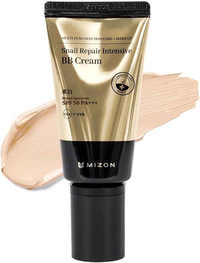 [MIZON] SNAIL REPAIR INTENSIVE BB CREAM SPF 50 (#21 Light Beige) Korean Skincare – Full Coverage – With Snail Mucin – Hydrating & Anti-Aging – Lightweight Makeup Base for All Skin Types (50ml)