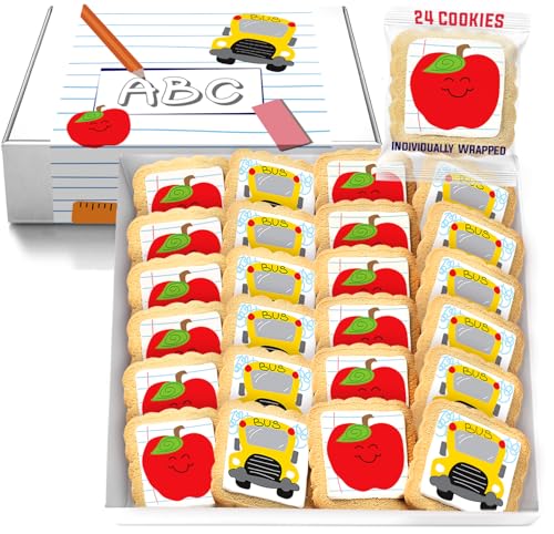 School Cookies Teacher Appreciation Bulk Individually Wrapped Party Favors | Thank You 24 Pack | Back To School Gift Basket | Apple and School Bus | Principal Bus Driver Staff 100 days