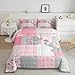 Girly Cute Elephant Full Size Comforter Set,Pink Gray Plaid Geometric Bedding Comforters Bedroom Collection,Cartoon Animals Stripes Dots Bedding Set for Girls Teens