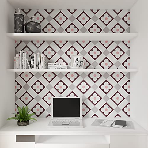 Cre8Tive Geometric Peel And Stick Wallpaper Red Flower Contact Paper 24"X118" Self Adhesive Removable Vintage Decorative Vinyl Trellis Wallpaper Tiles For Kitchen Bedroom Countertops Cabinets Walls #TOP3