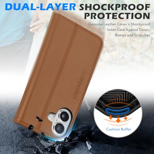 SHIELDON Wallet Case for iPhone 16 6.1" 2024, Genuine Leather Folio Magnetic Closure Kickstand RFID Blocking Card Slots Full Protection Cover Compatible with iPhone 16 5G - Saddle Brown