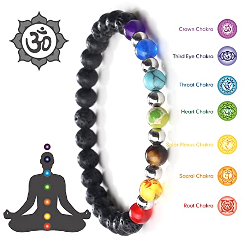 Energy Bead 7 czakr bransoletki Reiki męskie naturalne tygrysie oko kamień lawa kamień kamień onyks joga elastyczne bransoletki kobiety równowaga nadgarstek biżuteria, błyszcząca czerń 3,21 cm