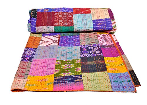 AndExports - Queen Size Multicolored Sari Patchwork Reversible Kantha Quilt, Indian silk...