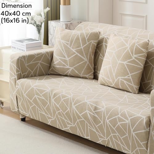 Image of HOKIPO 'Elira Series' Stretchable Cushion Cover for Sofa 16x16, Pack of 2, Beige Abstract Geometry (NEW-AR-4993-C3*2)