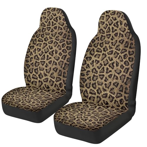 Image of Car Front Seat Cover Set of 2, Brown Leopard Print Auto Universal Interior Accessories, Thin Front Automobile Seat Cover