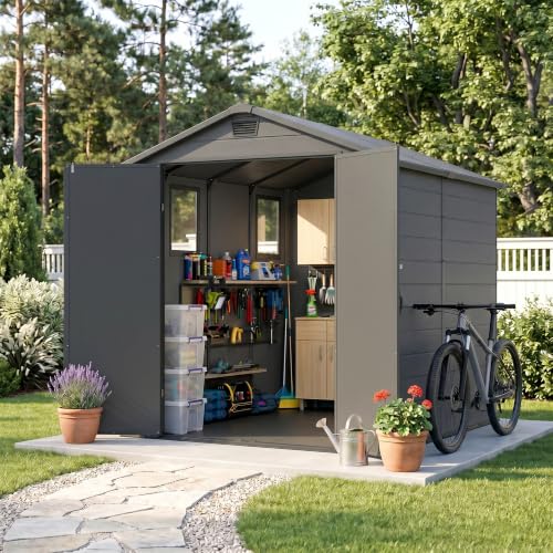 Image of Devoko 6x8 FT Resin Outdoor Storage Shed with Floor, Plastic Garden Shed