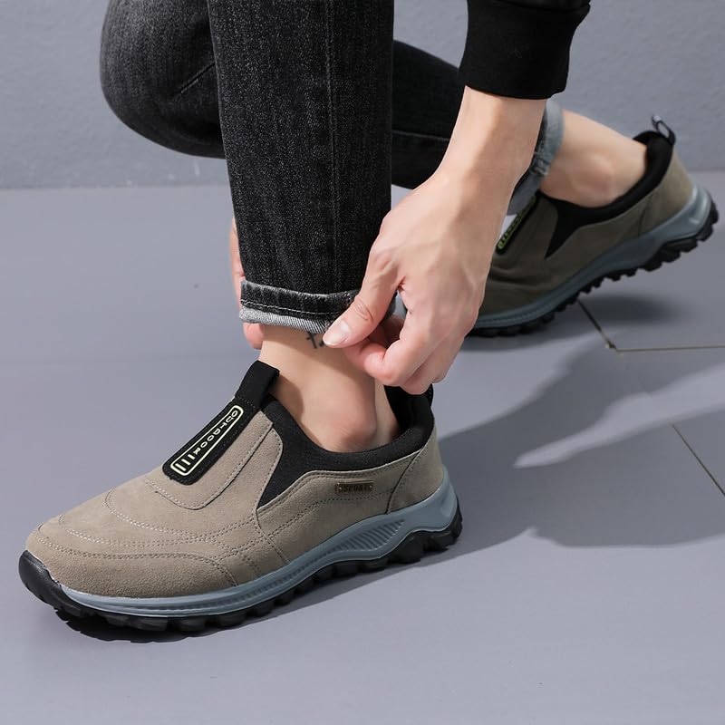 Men's Slip-On Athletic Sneakers, Suede Running Shoes, Lightweight Outdoor Sport Footwear, Black, Grey, Khaki2