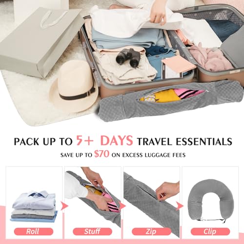 Stuffable Travel Pillow, Stuffable Neck Pillow for Travel, Travel Neck Pillow Stuffed with Clothes Storage - No Extra Baggage Fees, Fits 5+ Days of Travel Essentials, No Filler (Grey-Checkerboard)