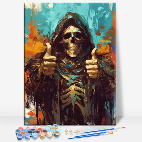 Aeontinity Stay Positive Skull Slang Framed Canvas DIY Paint by Numbers Kit Bar Cafe Cave Home Room Wall Bathroom Porch Patio Decor Gift, 16 x 12 Inch