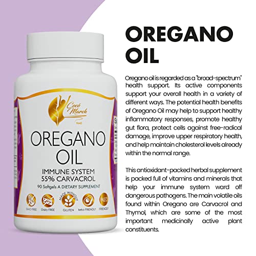Coco March Oregano Oil - 55% Greek Carvacrol Immune System Support - Gluten Free, Dairy Free, Gmo Free, Keto Friendly, Paleo Friendly - 90 Capsules #TOP1