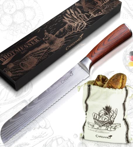 Caridano® Messerset - Brotmesser inkl. Brotsäckchen - Küchenmesser mit Holzgriff aus Pakka Holz - Brot Messer Set aus hochwertigem MOV Stahl mit Wellenschliff und Damast Lasermuster - Knife Set Cover