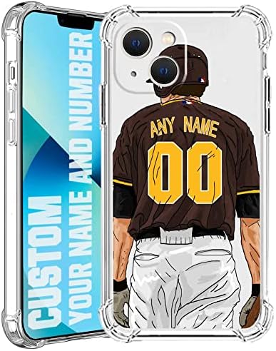 IKPYTREE Custom Name & Number Crystal Clear Baseball Jersey Case for iPhone 14 13 12 11 Xs Max Xr 8 7 6 Plus 11 Pro Mini，Soft Shockproof Protective Customized Transparent Case(San Diego Brown)