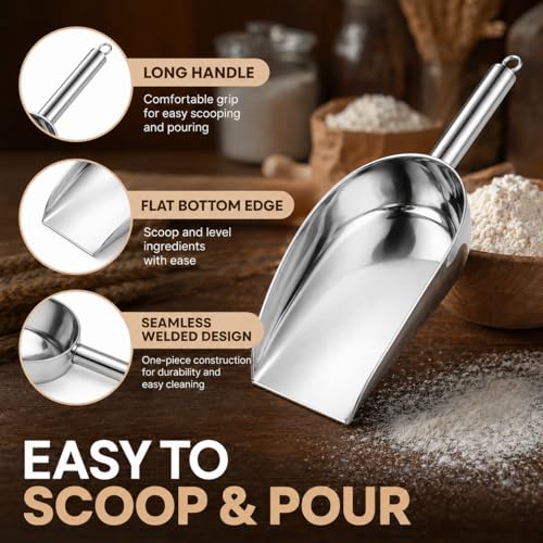 Image of Homoyoyo 2Pcs Stainless Steel Ice Scooper: Flat Bottom Stainless Steel Spatula Grain Soy Nuts Rice Scoop Pet Feed Feeding Scoop Flour Spoon Shovel Silver Ice Cube Shovel Kitchen