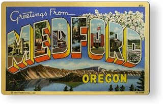 Greetings from Medford Oregon Magnet for Car Fridge Locker Metal Door - 5" - Vintage Travel Postcard Style