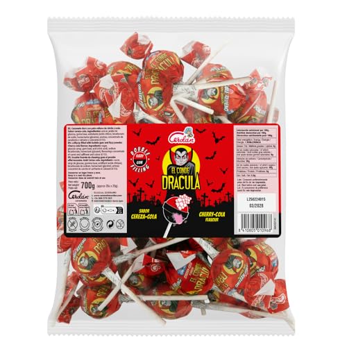 Caramelos Cerdán - Chupas Conde Drácula Cereza y Cola Doble Relleno Gigante de Pica Pica y Chicle | 35 Unidades, Triple Sensación, Sin Gluten ni Alérgenos | Ideal para Halloween, Fiestas y Cumpleaños