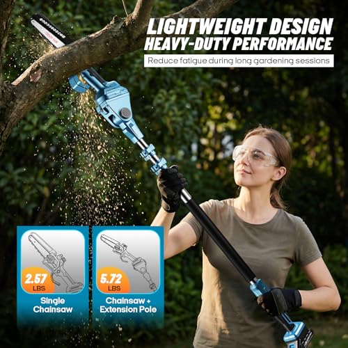 Image of Takuoo 2-in-1 Electric Pole Saw, 6 Inch Mini Chainsaw Cordless with Extension Pole, 2x2.0Ah 21V Battery Powered, 15FT Max Reach, Brushless Chain Saw for Tree Trimming, Tool-Free Tension & Auto-Oiler