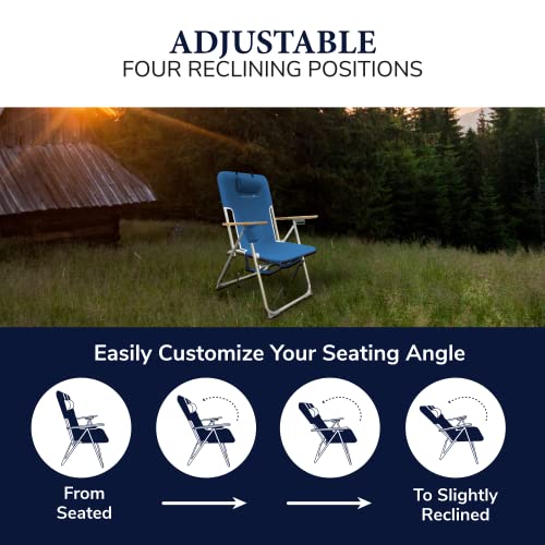 Caribbean Joe Folding Beach Chair, 4 Position Portable Backpack Foldable Camping Chair With Headrest, Cup Holder, And Wooden Armrests, Blue #TOP4
