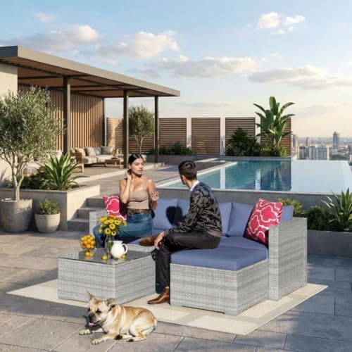 Image of GAOMON 5-Piece Outdoor PE Wicker Patio Sofa Set, All-Weather Modular L-Shaped Sectional with Ottoman, Glass-Top Coffee Table, Thick Cushions & Accent Pillows