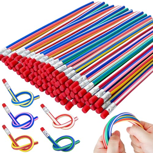 100 Pack Flexible Bendy Pencil Stripe Rubber Pencil with Erasers Colorful Bendable Soft Pencils for Classroom Gifts Goodie Bag Fillers