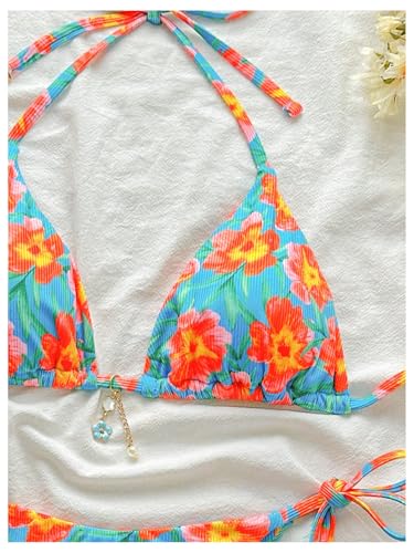 Women's 2 Piece Bikini Sets Floral Boho Halter Triangle Swimsuits Tie Side String Bathing Suit3