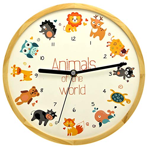Holzwerk Natur Öko Kinderwanduhr Kinder Wanduhr Jungen Mädchen Fuchs Löwe REH Delphin Schildkröte Tiere Motiv Holz lsilenciloses Uhrwerk ohne tickgeräusche Bunt Cover