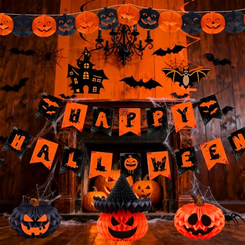 KUKKUME Halloween Deko Set: Happy Halloween Banner, Kürbis Girlande, Spiralen, Seidenpapierfächer, 3D Fledermaus - Schwarz, Orange
