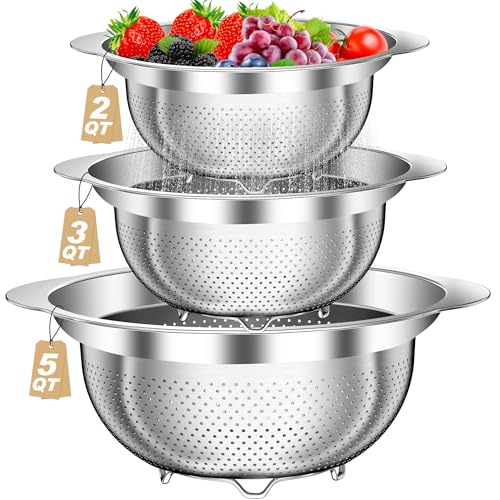 Colander, Stainless Steel Colander for Kitchen, 3Pcs Kitchen Gadget Food Strainer Basket with Handle, Kitchen Strainer Colanders Bowl for Pasta Noodles Spaghetti Vegetables Fruit (2QT, 3QT, 5QT)