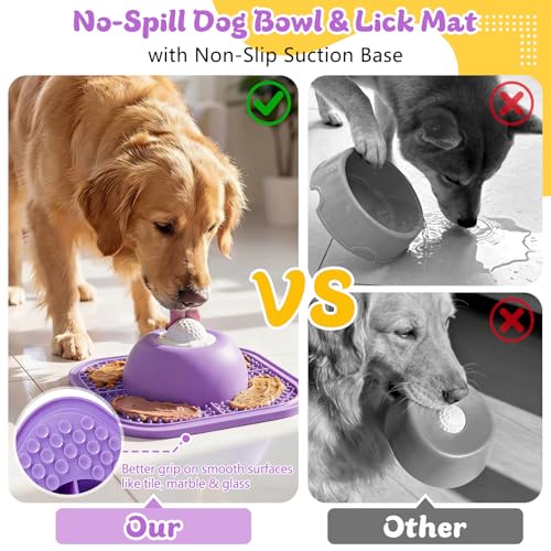 Image of Slow Feeder Dog Bowls & Lick Mat for Liquid and Thick Treat, Anti-Slip Dog Lick Bowl with Interactive Rolling Ball, 5 /6 Cup Pup Licking Toy for Large Medium Small Dogs and Cats-Large Purple