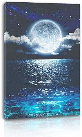Canvas Wall Art for Bedroom Seascape with Moon Picture for Living Room Home Decor Ocean Landscape Print on Canvas Blue Sea Stretched Artwork for Bathroom Decor 1Pcs (12x16", Blue)