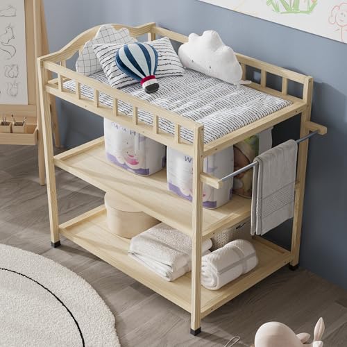 Timechee Paintless Pine Wood Baby Changing Table with Storage Shelves, Portable Nursery Diaper Changing Station for Infants, Children\'s Room, Bedroom, Natural - Thumbnail 3