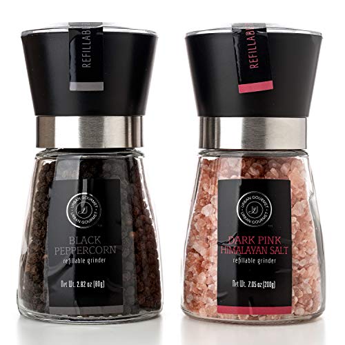 Urban Gourmet MINI CLASSIC - Pink Himalayan Salt and Black Peppercorn Glass Grinder Set| Himalayan Salt and Peppercorn Glass Grinder Set | spice container