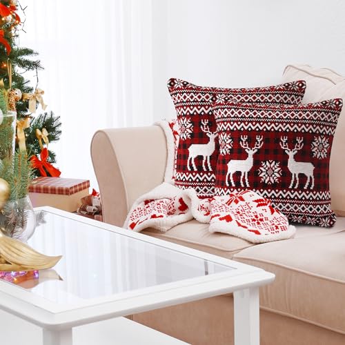 Image of La Maison Christmas Soft Cotton Chenille Tapestry Cushion Cover Xmas Festive Scatter Cushions Nordic Santa Reindeer Stag Snowman (Nordic Snowflake Stag, 2 x Filled Cushion)