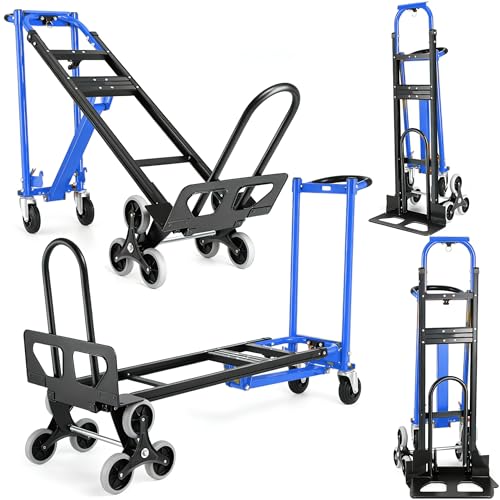 Image of 1000LBS Convertible Hand Truck, Heavy Duty Foldable Aluminum Stair Climbing Dolly with Solid Wheels for Moving /Office /Travel (Blue)