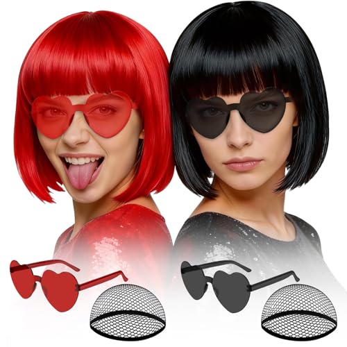 Image of MEEZY 2 Pcs Colorful Bob Wigs with Bangs Black Red for Women, Neon Fun Wig Short Bob Hair with Heart Sunglasses Hair Cap for Halloween Costume Cosplay Photography Birthday Bachelorette Party