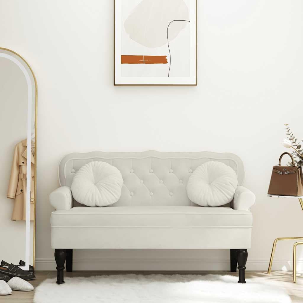 Banc avec dossier velours crème 119 cm assise rembourrée et pieds bois