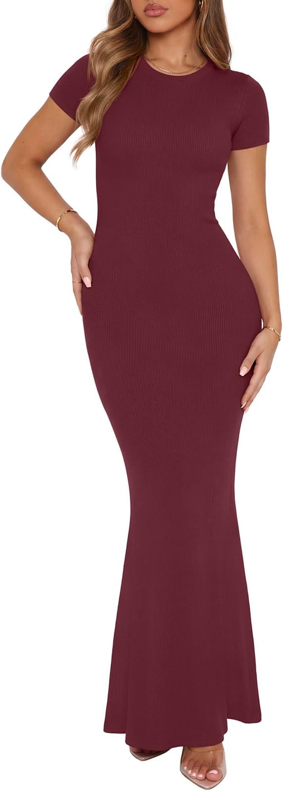 Women's Summer Casual Lounge Long Dress Elegant Short Sleeve Crew Neck Bodycon Maxi Dresses