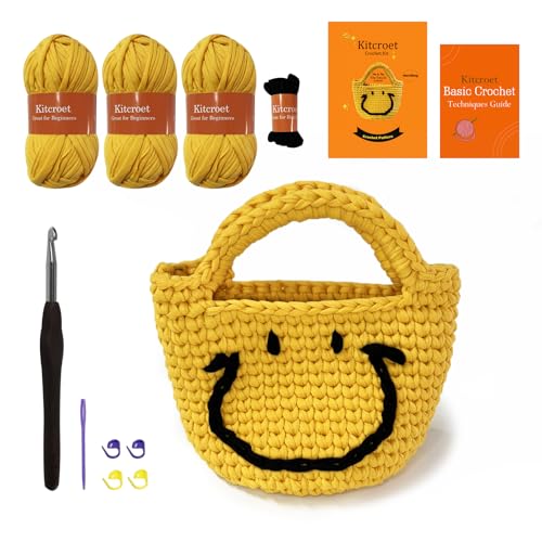 Kitcroet Kit de bolsa de crochê com kit de crochê Simley Face para iniciantes e adultos com tutoriais em vídeo passo a passo, suprimentos de tricô para iniciantes de crochê, bolsa de pendurar